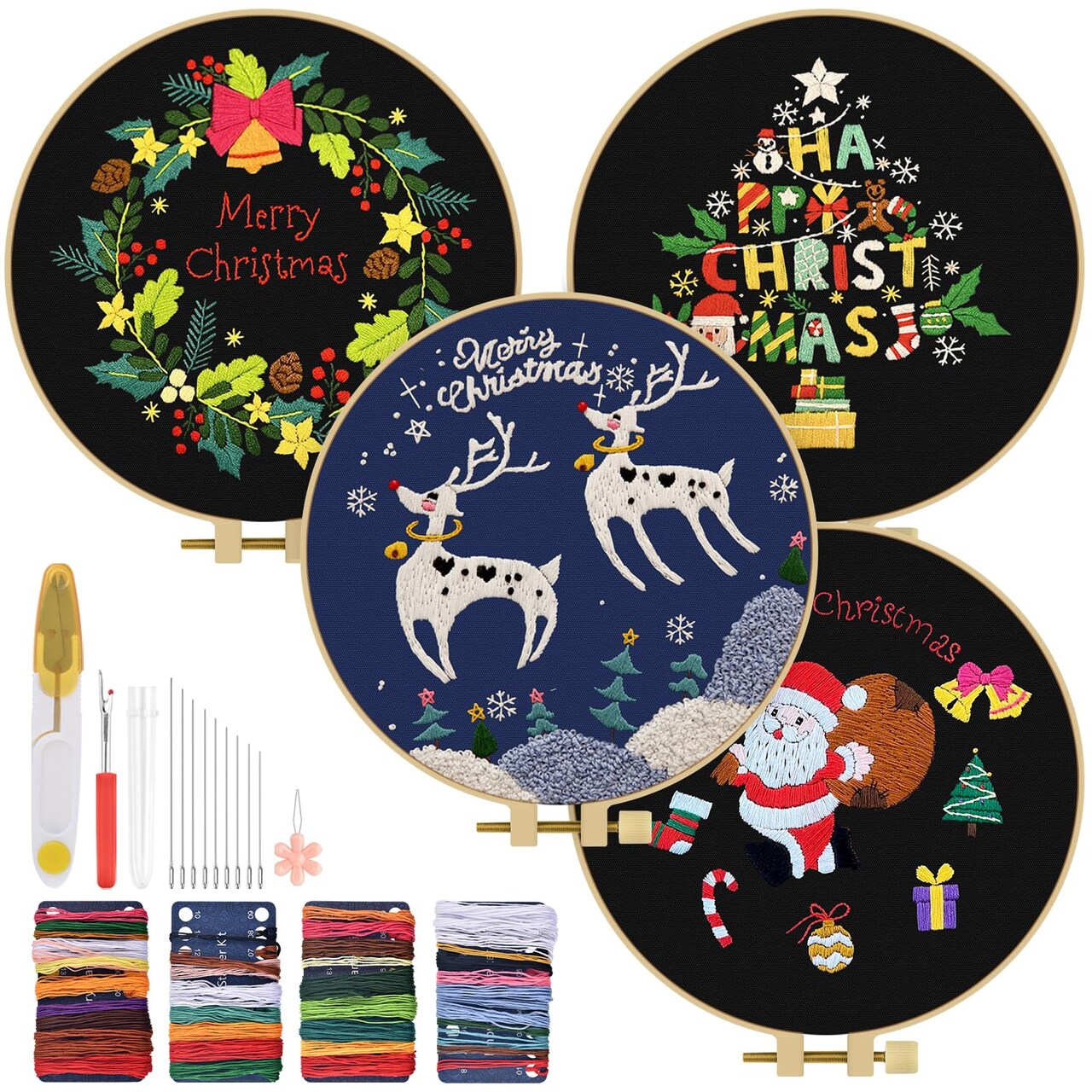 Christmas Embroidery Kit for Adult, 4 Pack Embroidery DIY Starter Kit, with Stamped Patterns, Hoop, Tools, Colorful Threads with Needles, Instructions